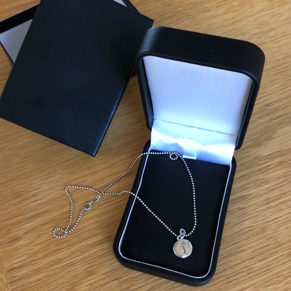 Silver “j” charm drop necklace